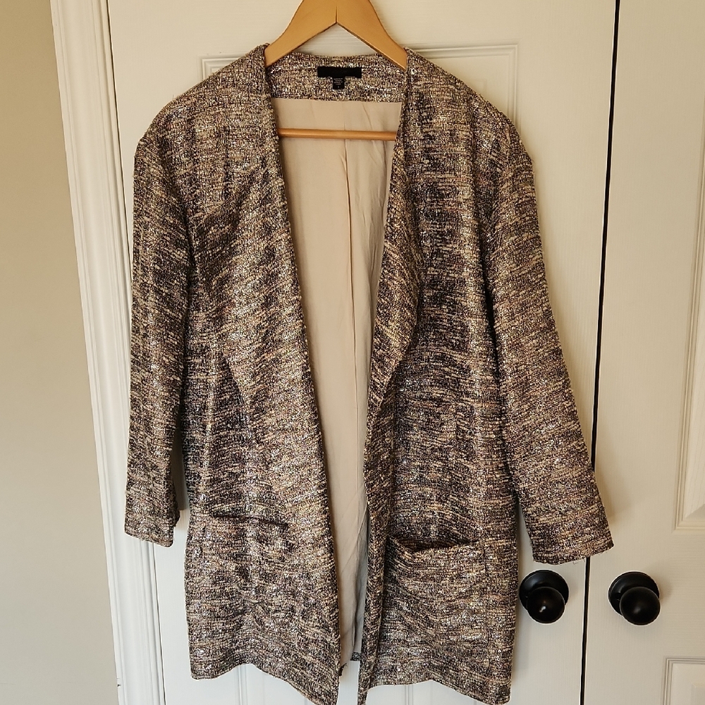 Joe's Jeans Metallic Silver And Cream Open Front Tweed Oversize Blazer